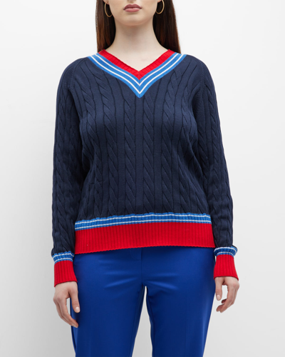 Minnie Rose Plus Striped-trim Cable-knit Sweater In Navy