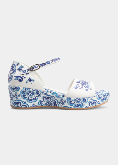 Dolce & Gabbana Kids' Majolica-print Calfskin Sandals In Azulejos