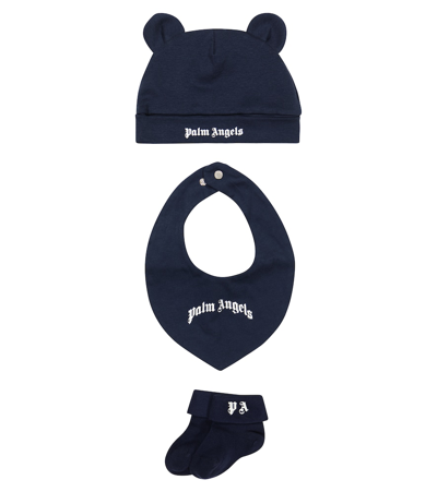 Palm Angels Baby Cotton Bib, Socks And Beanie Set In Navy Blue White