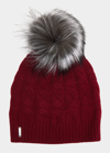 Gorski Cashmere Cable-knit Beanie With Fur Pompom In Burgundy / Silver