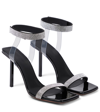 Amina Muaddi Rih Embellished Patent Leather Sandals In Black