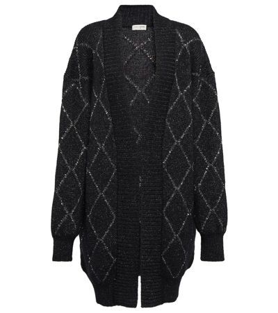 Saint Laurent Metallic Intarsia Oversize Open Front Mohair Blend Cardigan In Nero