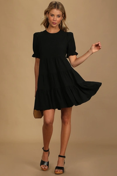 Lulus Favorite Day Black Puff Sleeve Tiered Mini Dress