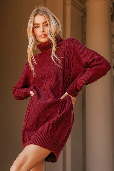 Lulus Cuddle Up Close Burgundy Cable Knit Turtleneck Sweater Dress