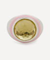 Adore Adorn Rhodium-plated Silver Bubblegum Enamel Cabochon Olive Quartz Dome Ring In Silver, White