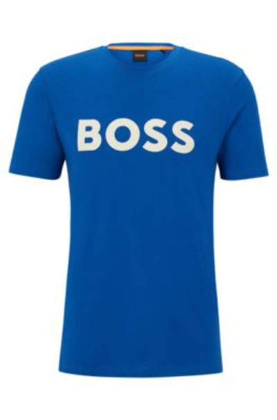 Hugo Boss Cotton-jersey T-shirt With Rubber-print Logo- Blue Men's T-shirts Size L In Blue