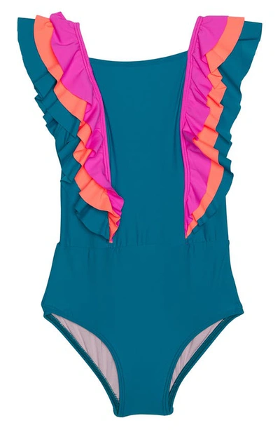 Beach Lingo Kids' Sunsets Ruffle One-piece Swimsuit In Lagoon