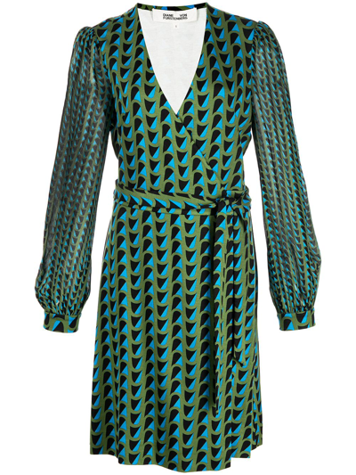 Diane Von Furstenberg Gala Belted Printed Gauze Mini Wrap Dress In Army Green