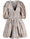 ULLA JOHNSON MARBLED PUFF-SLEEVE RUCHED DRESS