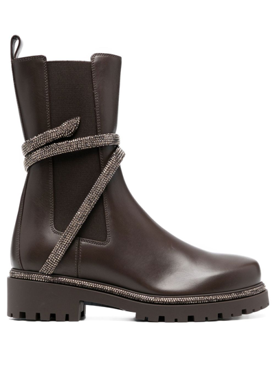 René Caovilla Crystal Snake-embelllished Boots In Brown