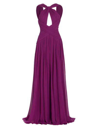Elie Saab Cape-effect Cutout Pleated Silk-chiffon Halterneck Gown In Azalea Purple