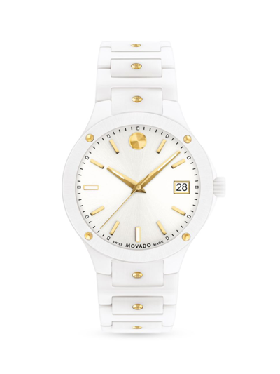 Movado Women's Se Swiss Quartz White Ceramic Yellow Pvd Bracelet Watch 33mm In Two Tone