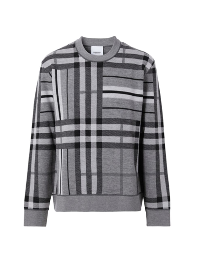Burberry Wool Check And Stripe Jacquard Sweater In Flint Melange