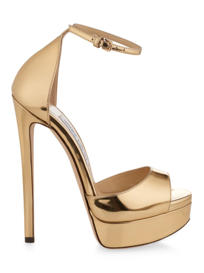 Jimmy Choo Ankle Strap Platform Sandals In Bronze Satin In Gold