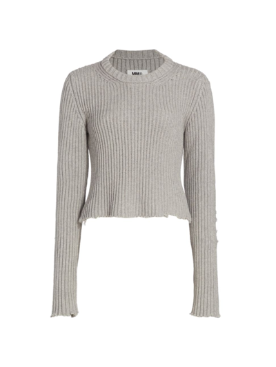 Mm6 Maison Margiela Ribbed Knit Sweater With Ripped Details In Grey
