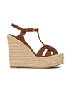 Saint Laurent Tribute Leather Wedge Espadrille Sandals In Brown