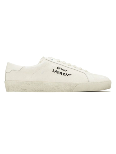 SAINT LAURENT WOMEN'S COURT CLASSIC SL/06 EMBROIDERED SNEAKERS IN CANVAS AND LEATHER