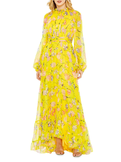 Mac Duggal Floral Print Chiffon Ruched Raglan Sleeve Gown In Yellow Multi