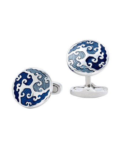 Link Up Men's Round Wave Overlay Cuff Links In Blue Silver