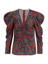 Veronica Beard Simmons Printed Ruched Blouse In Flame Red Multi
