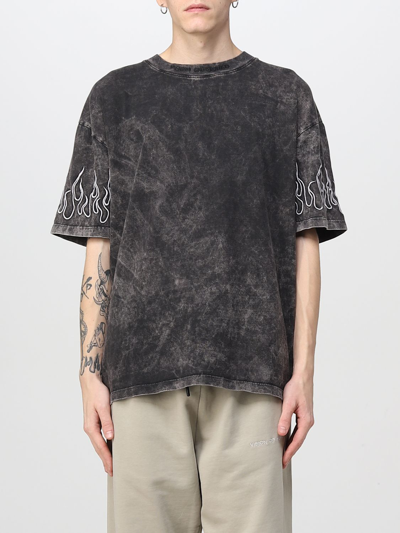 Vision Of Super Man Grey T-shirt With Embroidered White Flames In Grey/white