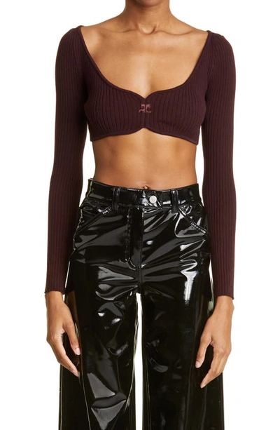 Courrèges Swallow Embroidered Logo Ribbed Crop Sweater In Burgundy