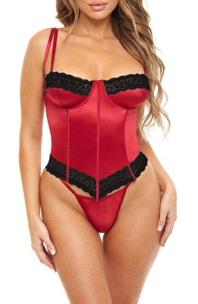 Oh La La Cheri Women's Tempest Unlined Underwire Bustier With Floral Trim And Matching Panty Set In Red Dahlia/ Black