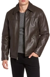 Cole Haan Collared Open Bottom Faux Leather Jacket In Dark Brown