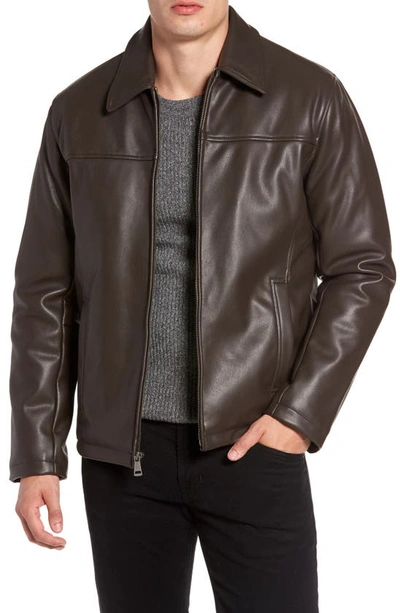 Cole Haan Collared Open Bottom Faux Leather Jacket In Dark Brown