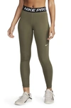 Nike Pro Mid Rise Leggings In Medium Olive/black/white