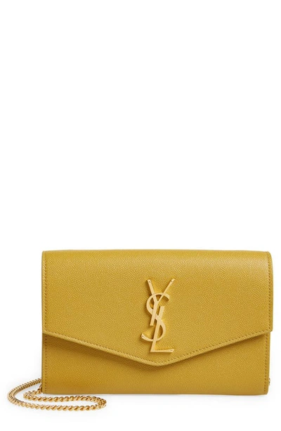 Saint Laurent Uptown Pebbled Calfskin Leather Wallet On A Chain In Light Chartreuse