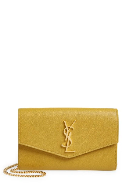 Saint Laurent Uptown Pebbled Calfskin Leather Wallet On A Chain In Chartreuse