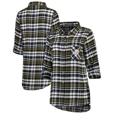 CONCEPTS SPORT CONCEPTS SPORT BLACK PITTSBURGH STEELERS MAINSTAY PLAID FULL-BUTTON LONG SLEEVE NIGHTSHIRT