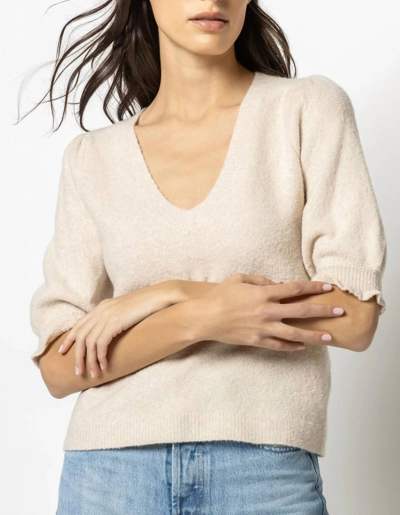 Lilla P Elbow Sleeve V Neck Sweater In Oatmeal In Beige