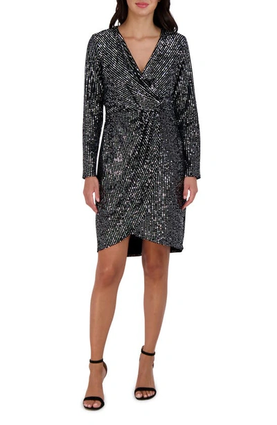 Julia Jordan Velvet Sequin Long Sleeve Faux Wrap Dress In Black/silver |  ModeSens