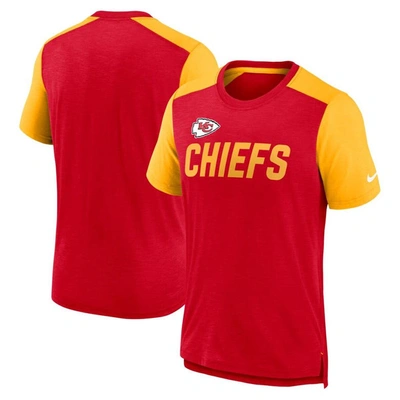 NIKE NIKE HEATHERED RED/HEATHERED GOLD KANSAS CITY CHIEFS COLOR BLOCK TEAM NAME T-SHIRT