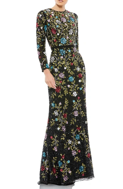 Mac Duggal Floral Embellished Long Sleeve Gown In Black Multi