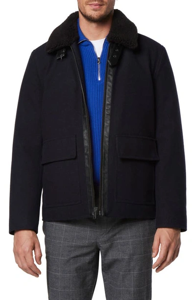 Andrew Marc Hudson Water Resistant Faux Shearling Trim Jacket In Blue Heather