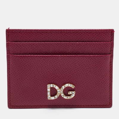 Pre-owned Dolce & Gabbana Burgundy Leather Crystal Embellished Logo Card Holder