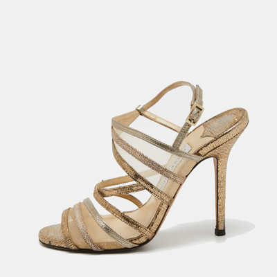 Pre-owned Jimmy Choo Metallic Gold Mesh And Leather Ankle Strap Sandals Size 36