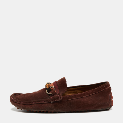 Pre-owned Gucci Burgundy Suede Bamboo Horsebit Slip On Loafers Size 44