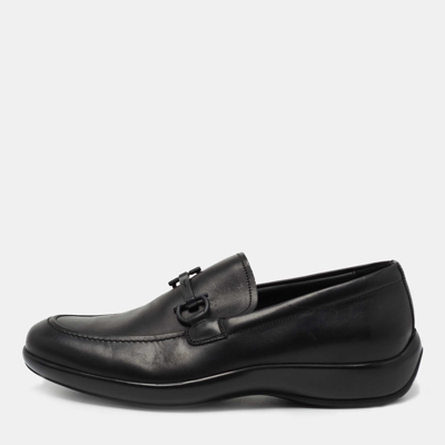 Pre-owned Salvatore Ferragamo Black Leather Logo Slip On Loafers Size 40