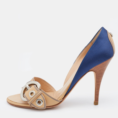 Pre-owned Giuseppe Zanotti Blue/beige Satin And Leather Buckle Side Sandals Size 37