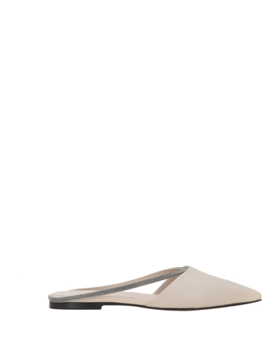 Brunello Cucinelli Bead-embellished Leather Slippers In Beige