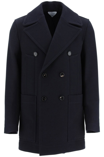 Bottega Veneta Double-breasted Woven Coat In Blue,black