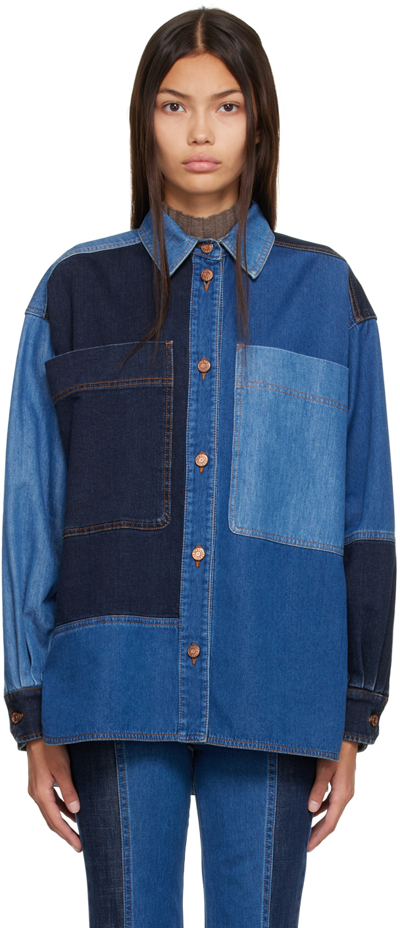 See By Chloé Patchwork Denim Oversized Shacket In Blue