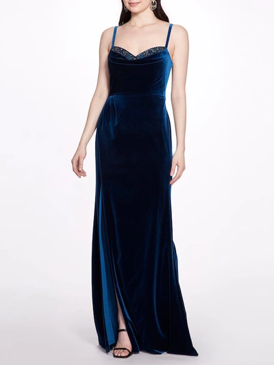 Marchesa Notte Cowl-neck Velvet Gown In Blue