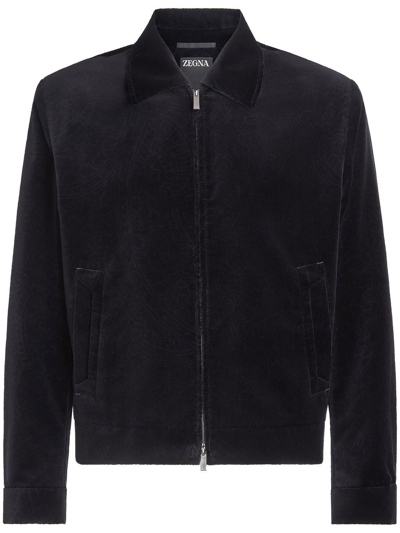 Zegna Devoré Cotton Velveteen Evening Bomber Jacket In Black
