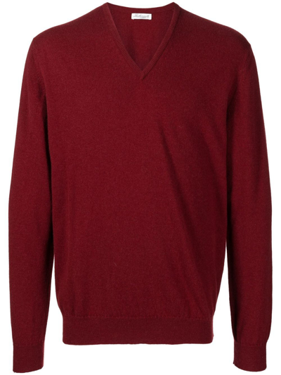 Leathersmith Of London Cashmere Vee Neck Jumper - Burgundy In Red