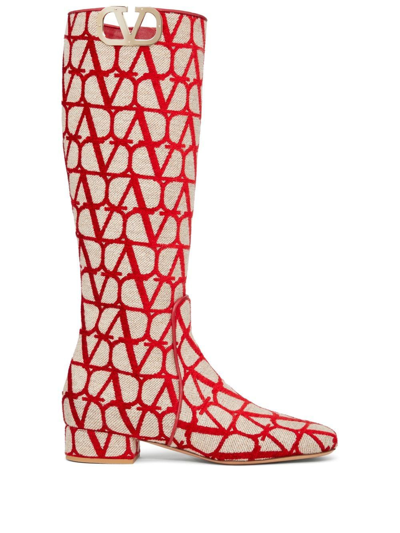 Valentino Garavani Vlogo Monogram Knee High Boot In Red